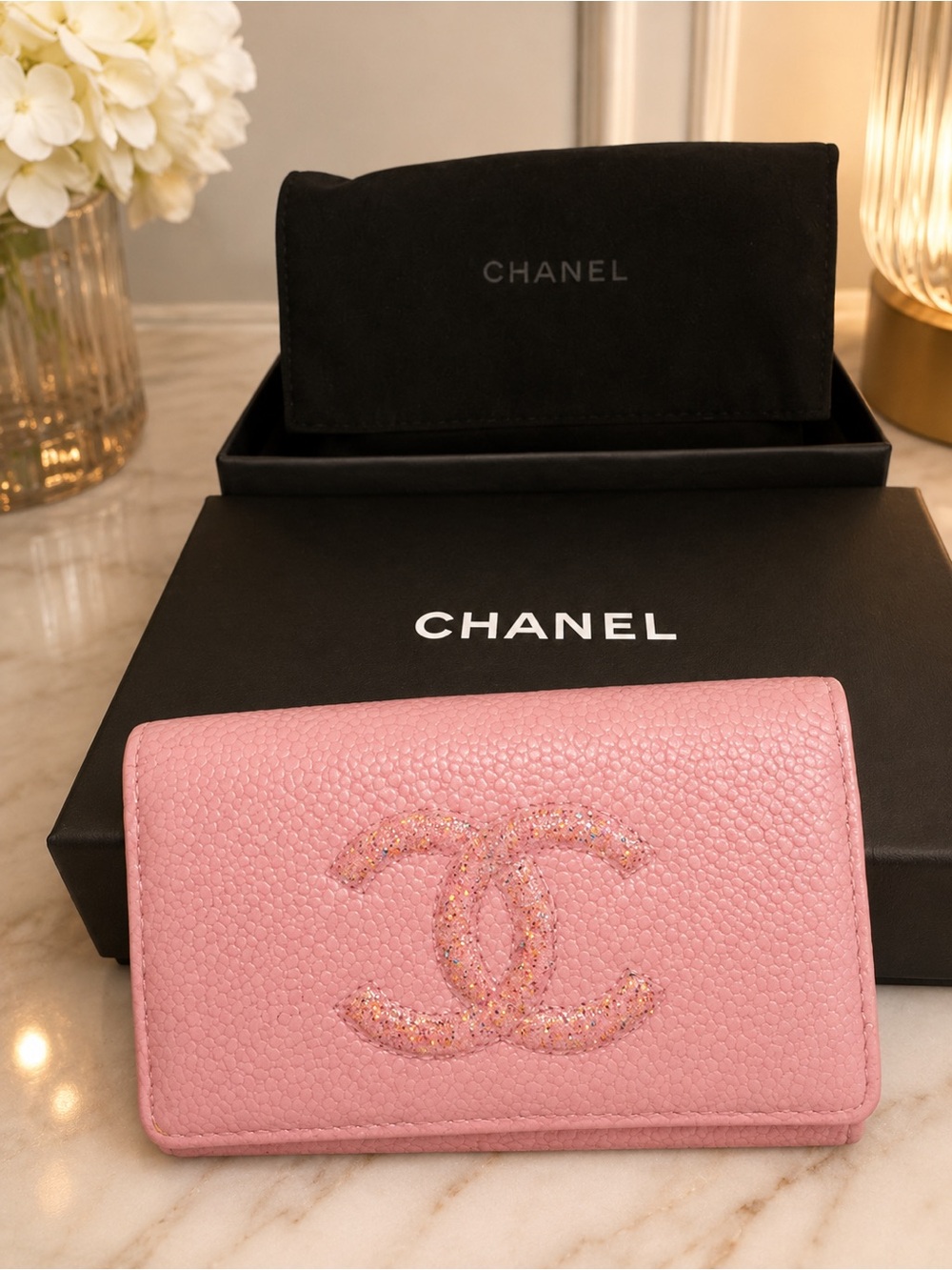 CHANEL Pink CC Glitter-Accented Pebbled Leather Key Holder Wallet